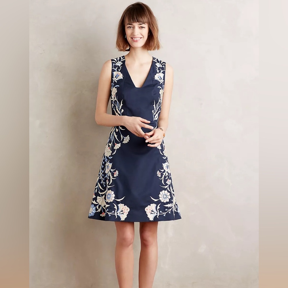 Anthropologie Navy Floral V-Neck A-Line Dress